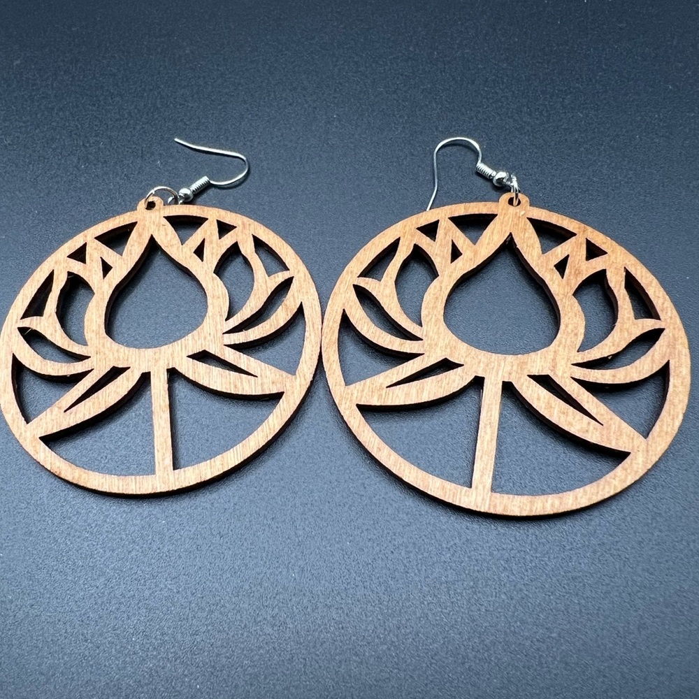 Natural Wooden Lotus Drop Earrings